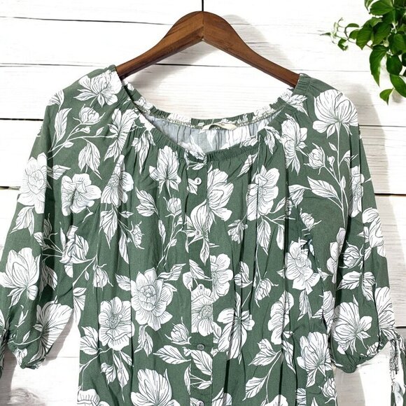 George UK Floral Green & White Peasant Blouse Half Sleeves Elastic Neckline Sz L - Picture 4 of 5